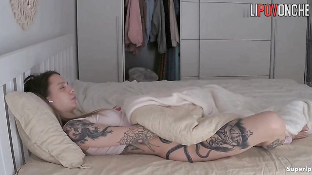 Blonde cumed under the blanket and immediately fell asleep