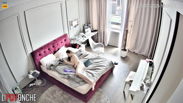 Naked and slim schoolgirl masturbating on the bed, look