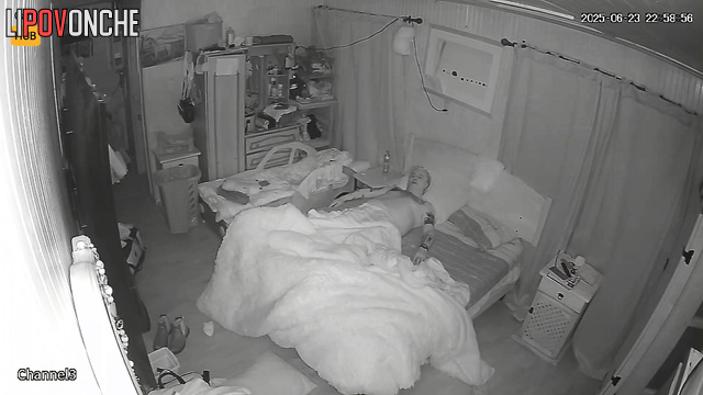 Old fart and naked tattoed whore together in his bed, look
