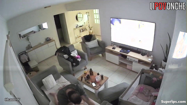 Excited husband actively masturbates in front of his seductive wife