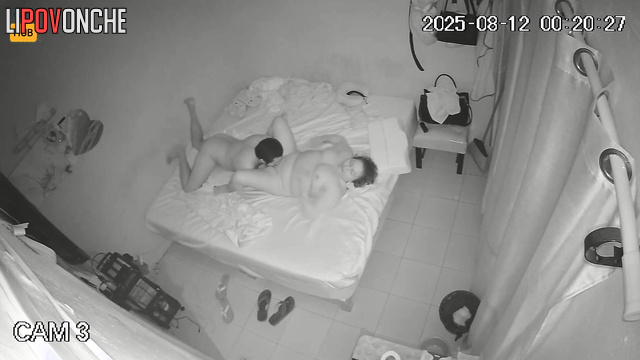 An excited husband checks how deep his finger penetrates his fat wife's cunt