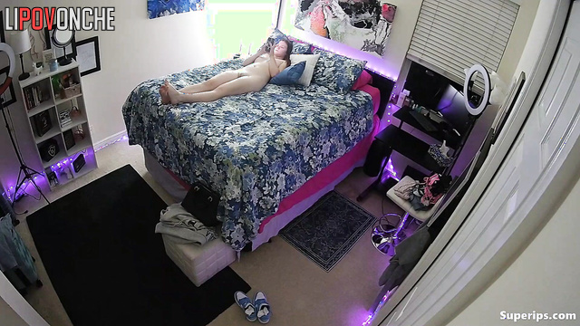 Naked teen having fun alone and doesn't suspect that someone is peeping