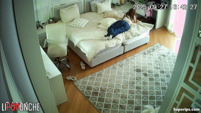 Schoolgirl masturbating, unaware of a watcher nearby