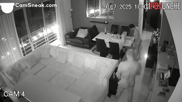Neighbor concealed monitors the couple as they love each other