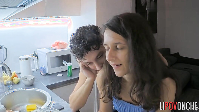 Awesome double orgasm right at the kitchen, spy cam