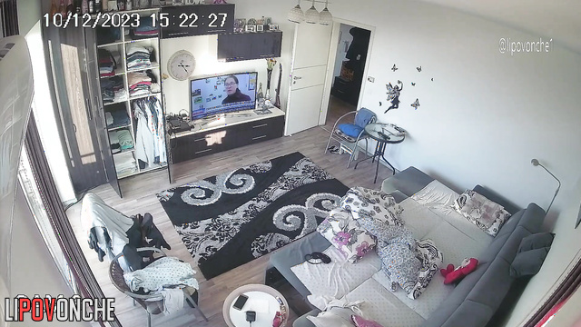 Man Fucks Brunette With Big Tits While Watching Porn On TV