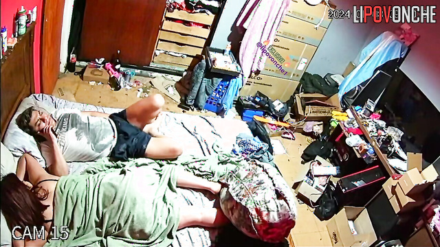 Couple ate in bed and fucked in a dirty room on the bed