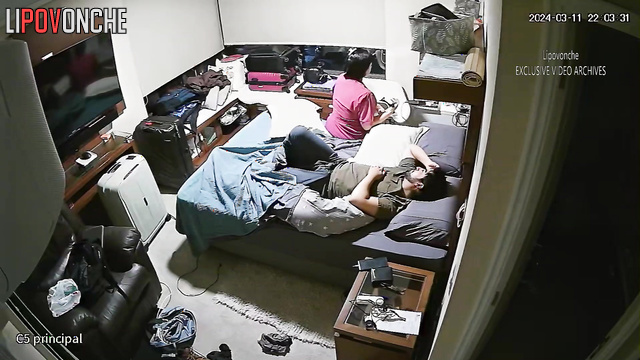 Man cums inside long-haired brunette after jerking her off