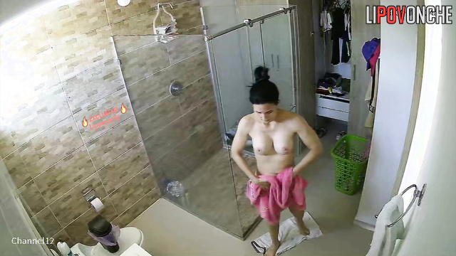 Skinny brunette with nice tits takes a shower and changes clothes