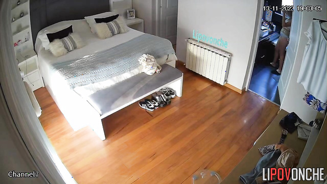 Blonde with big tits walks naked around the room after shower