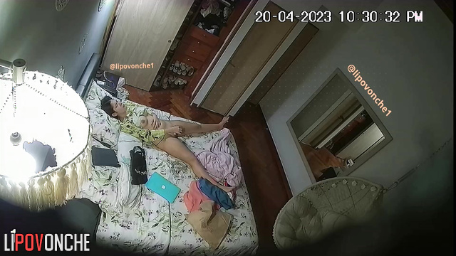 Pretty young brunette pleasing her pussy alone in the room