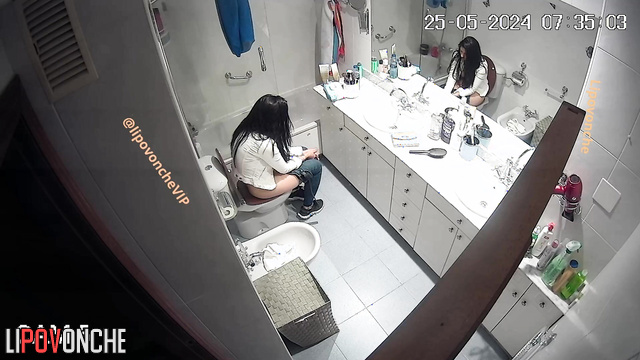 Brunette came from the party and is getting ready to take a shower