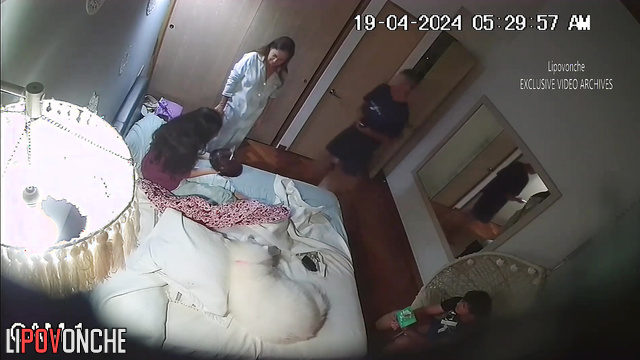 Relative hugging in their bedroom (happy evening tape)