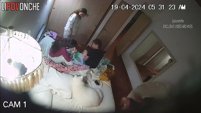 Relative hugging in their bedroom (happy evening tape)