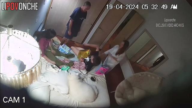Relative hugging in their bedroom (happy evening tape)
