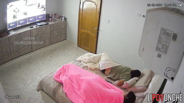 Chubby lady with small tits chilling on the bed with her relative