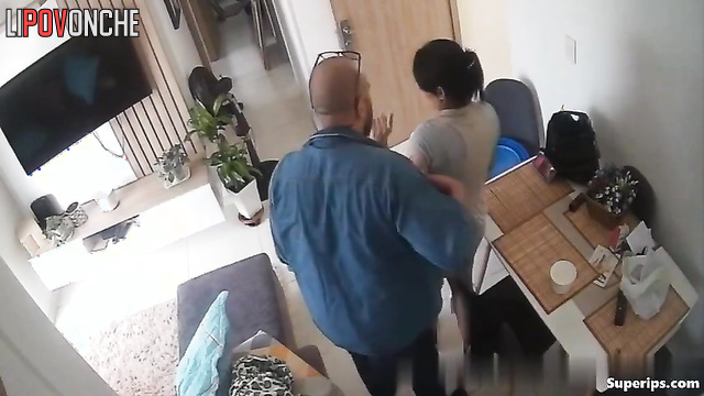 An aroused, bearded man puts his beloved wife in the doggystyle position