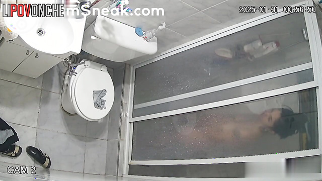 Slim brunette comes to shower and invites you to wash together