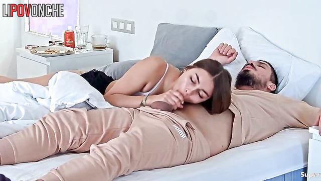 Bearded boyfriend persuaded young tattooed beauty to give him a pleasant blowjob