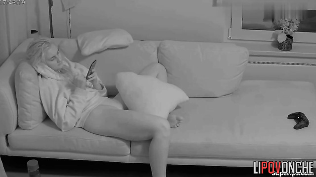 A young blonde girl without panties is waiting for muscular boyfriend to fuck her