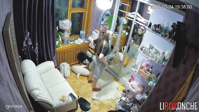 Teen girl takes off her panties to look at her hairy pussy in the mirror