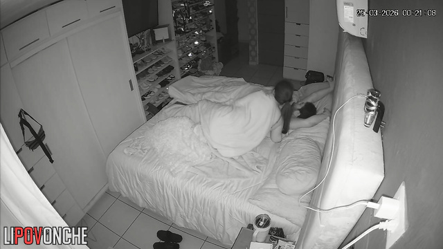 A chubby brunette gives her sleeping husband a blowjob to get his big, hard cock hard