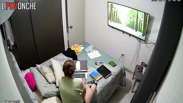 After working on her laptop, the seductive mommy went to take a shower