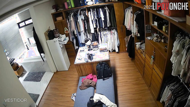 A completely naked, pretty brunette is picking out an outfit in her wardrobe