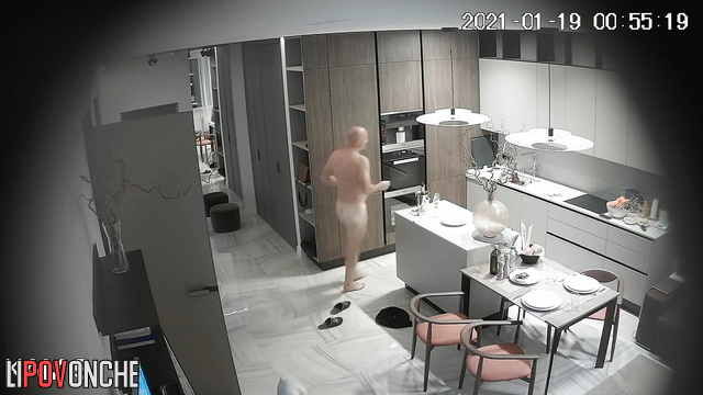 This couple is used to walk home naked - and camera in kitchen demonstrates it