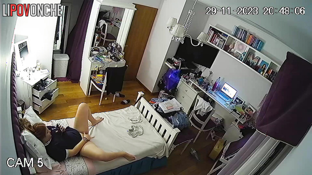After playing with labia, the redheaded girl sniffed her fingers