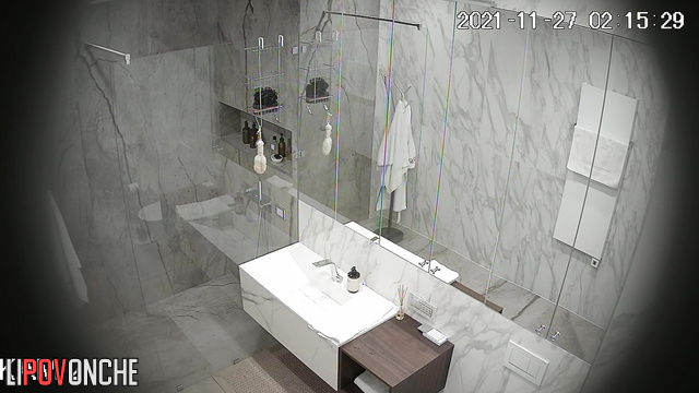 A man with an erection watches as his wife undresses before taking a shower