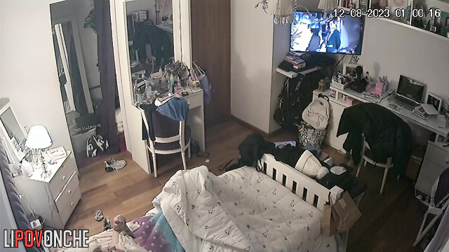 The girl took a break from the TV show for some pleasurable masturbation
