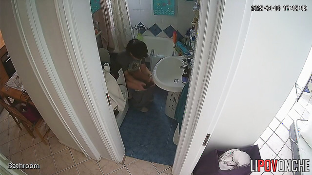 A sexy brunette plays on her phone while peeing in the toilet