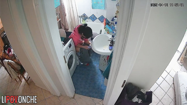 The cutie is typing a message in the chat app while also peeing