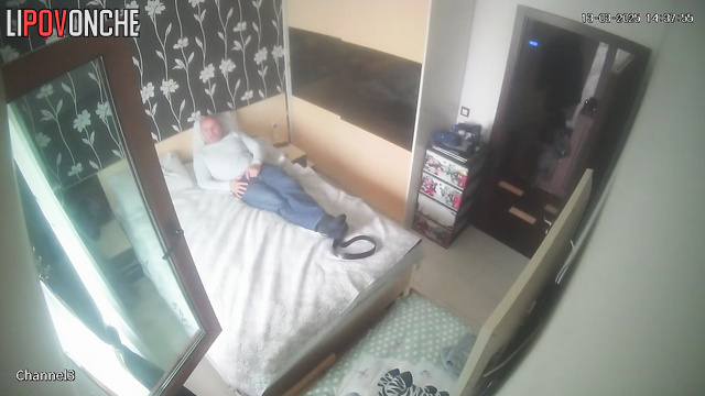 A young wife takes off her pants and rubs her hot cunt in front of her bald husband