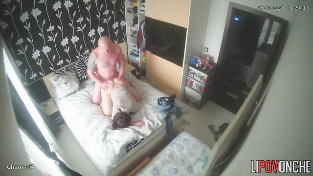 After coming back from a walk, a bald man fucks his young wife from behind