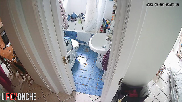 After cleaning the apartment, the girl pulls down her panties and sits down to pee
