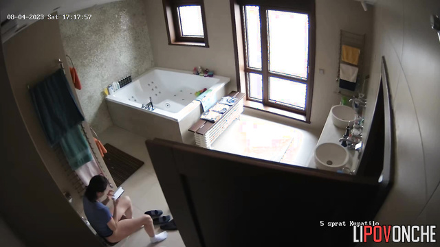 Brunette eagerly pulls down her pants and sits on the toilet with her bare ass