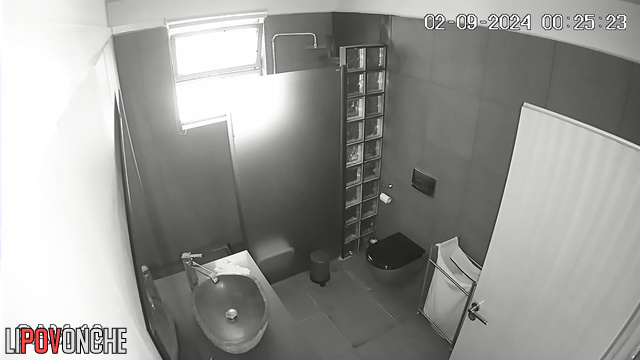 Blonde takes off her shorts completely so she can sit more comfortably on the toilet