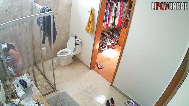 Peeing, the gorgeous mommy strips completely naked and heads for the shower