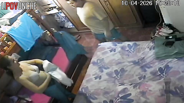 A chubby husband exposes his erect cock, seducing his demure wife