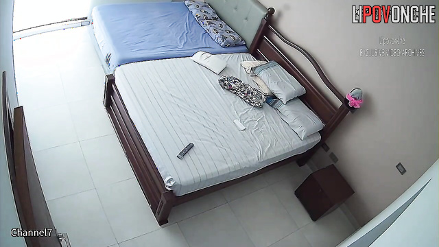 The man fucked the brunette on the bed and cummed in her pussy