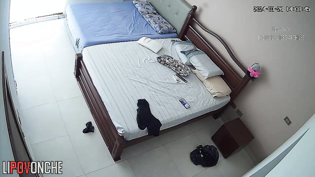 The man fucked the brunette on the bed and cummed in her pussy