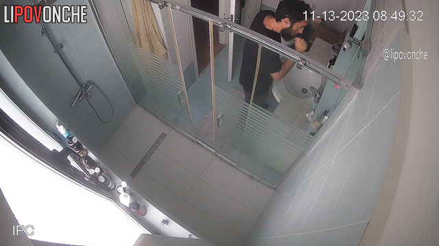 A sexy naked wife kicks her bearded husband out of the bathroom