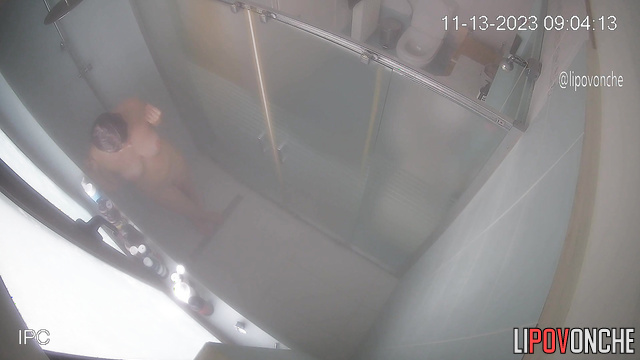A sexy naked wife kicks her bearded husband out of the bathroom