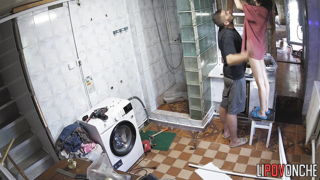 A hidden camera captured a slim girl's toned ass while bathroom was being renovated