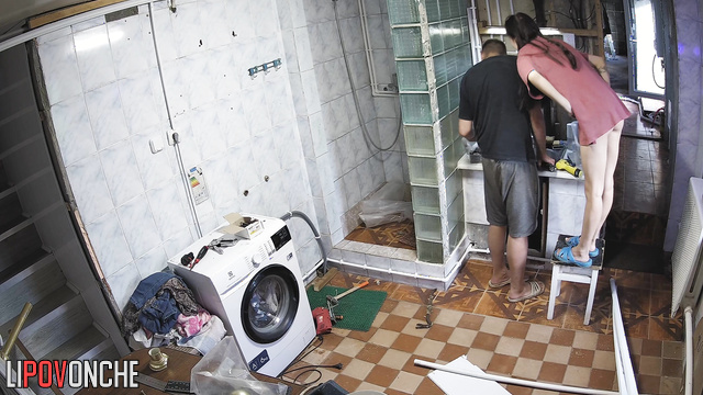 A hidden camera captured a slim girl's toned ass while bathroom was being renovated