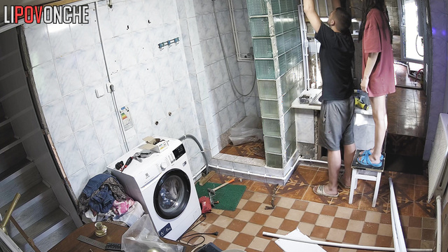 A hidden camera captured a slim girl's toned ass while bathroom was being renovated