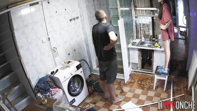 A hidden camera captured a slim girl's toned ass while bathroom was being renovated