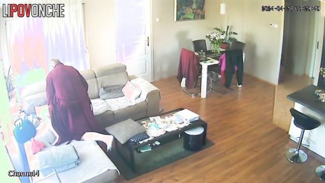 Husband fucked her right in her terry robe, spy cam